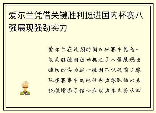 爱尔兰凭借关键胜利挺进国内杯赛八强展现强劲实力