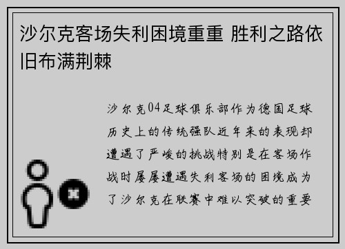 沙尔克客场失利困境重重 胜利之路依旧布满荆棘