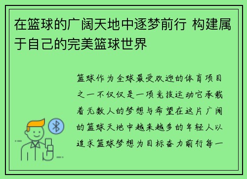 在篮球的广阔天地中逐梦前行 构建属于自己的完美篮球世界