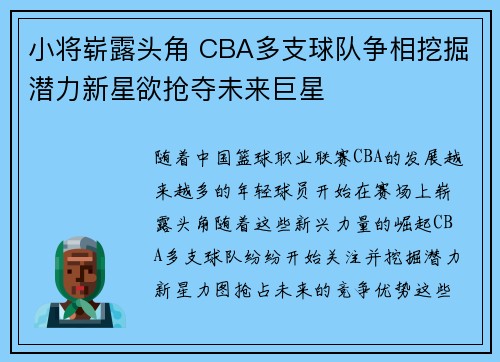 小将崭露头角 CBA多支球队争相挖掘潜力新星欲抢夺未来巨星