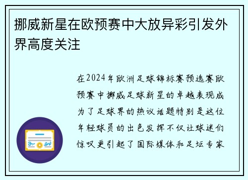 挪威新星在欧预赛中大放异彩引发外界高度关注