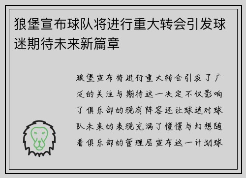 狼堡宣布球队将进行重大转会引发球迷期待未来新篇章