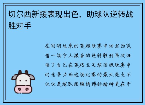 切尔西新援表现出色，助球队逆转战胜对手