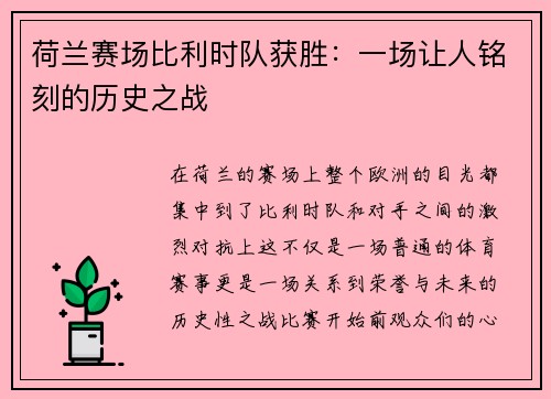 荷兰赛场比利时队获胜：一场让人铭刻的历史之战