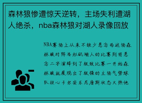 森林狼惨遭惊天逆转，主场失利遭湖人绝杀，nba森林狼对湖人录像回放