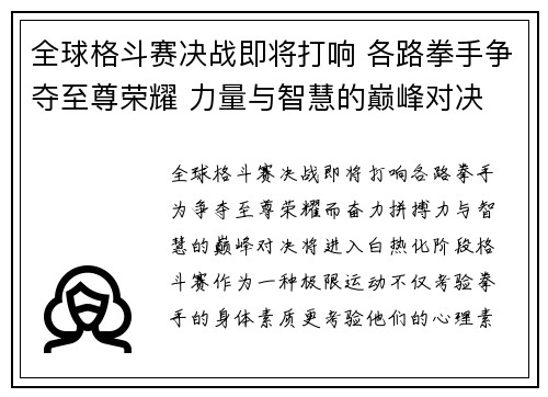 全球格斗赛决战即将打响 各路拳手争夺至尊荣耀 力量与智慧的巅峰对决